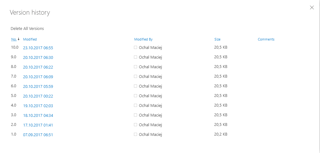 Historia wersji pliku Sharepoint