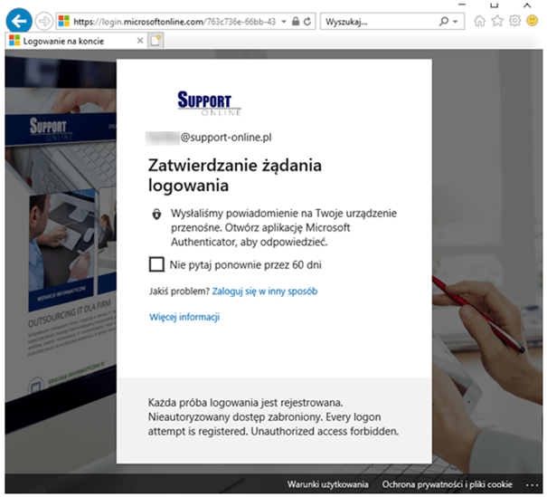 Logowanie przy użyciu zabezpieczenia aplikacją authenticator na smartfonie