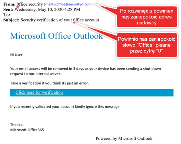 Wiadomość e-mail próbująca wyłudzić dane