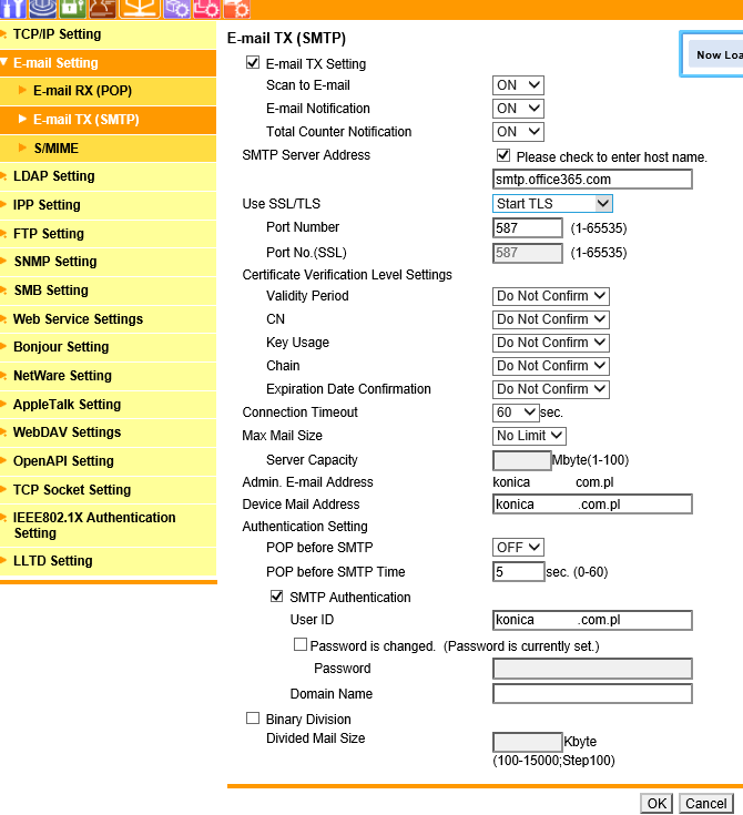 Konfiguracja sekcji SMTP Konica-Minolta C220