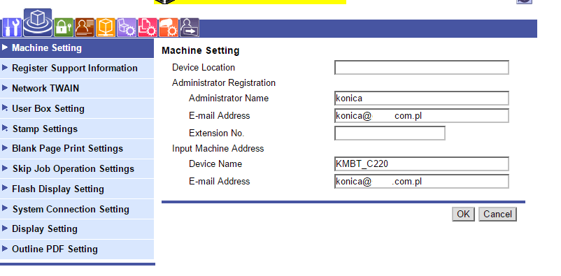 Sprawdzenie adresu e-mail administratora urządzenia Konica-Minolta C220