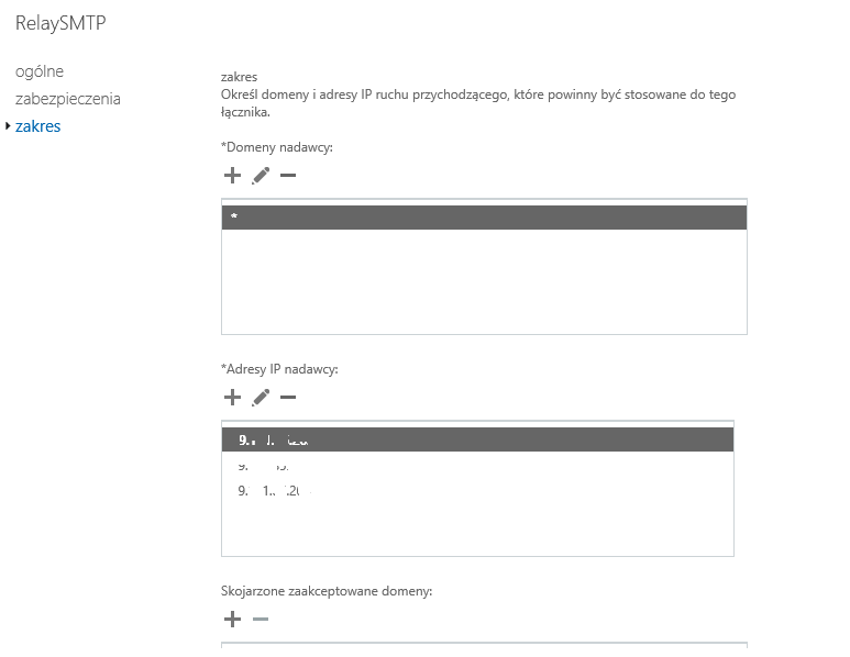 Łącznik przychodzący - sekcja zakres - domeny i adresy IP