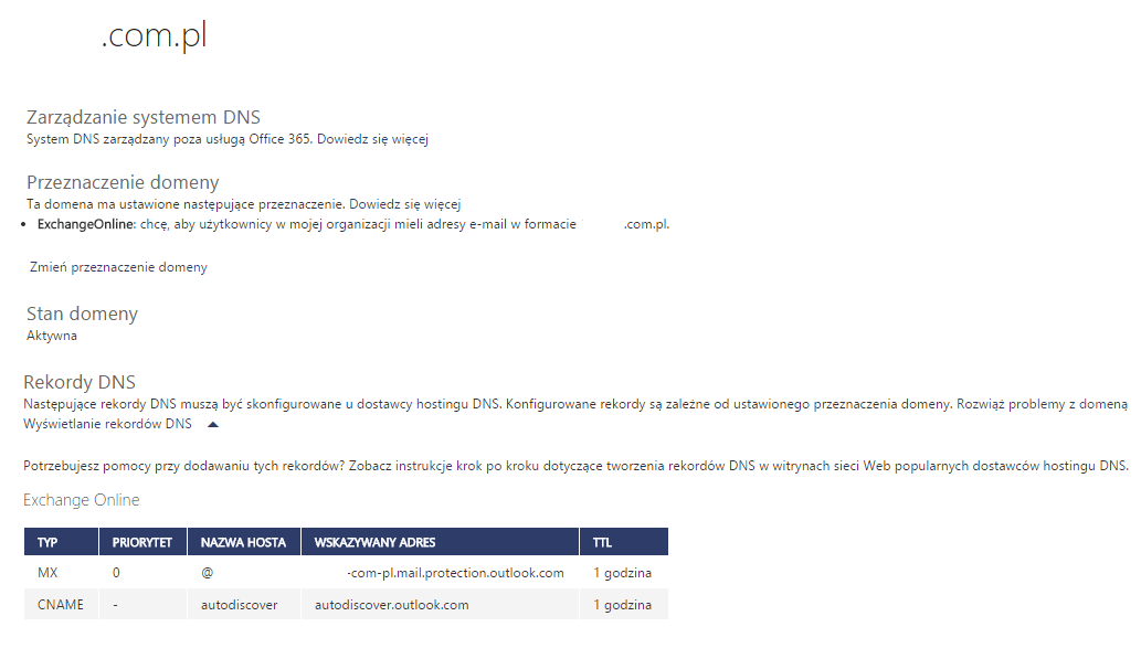 Panel zarządzania domenami Office365