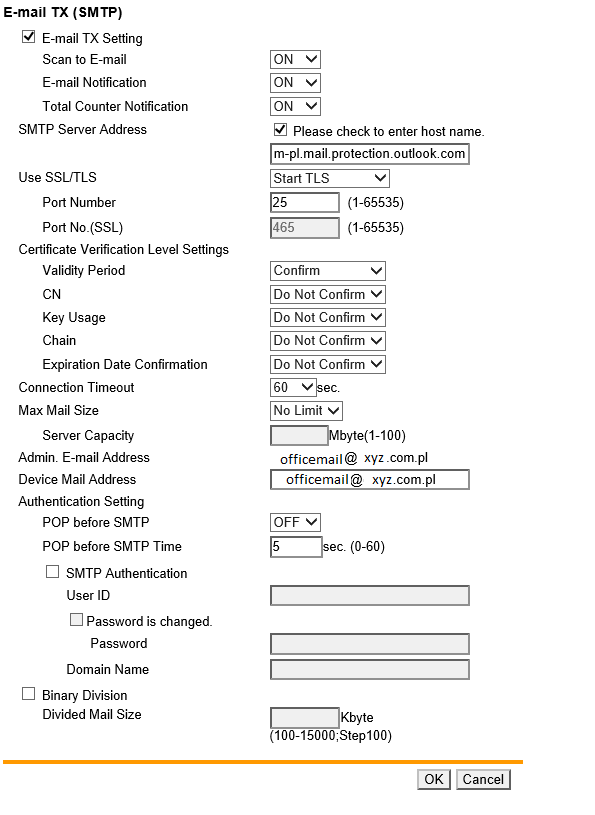 Konfiguracja serwera SMTP w urządzeniu Konica-Minolta Bizhub C-220