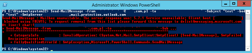 Błąd wysyłania wiadomości za pomocą Powershell