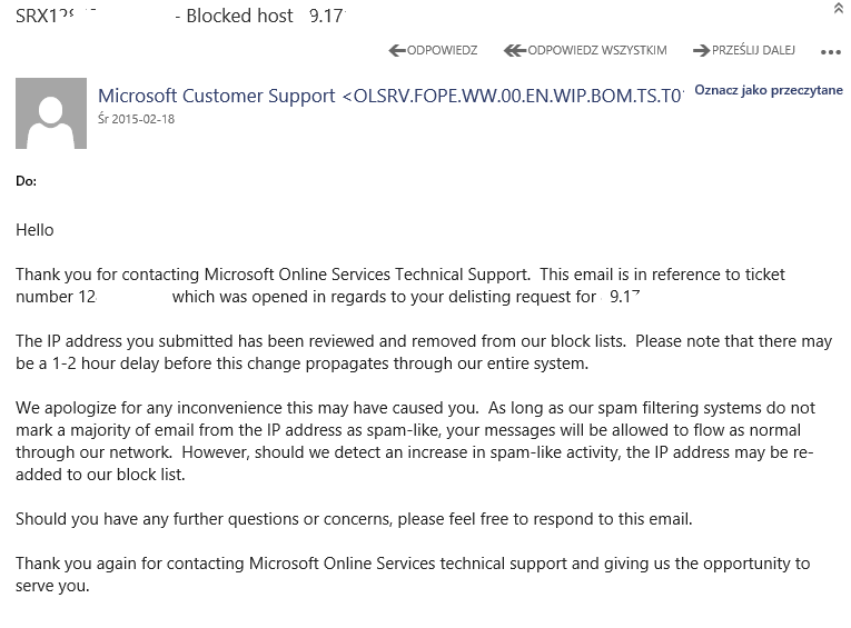 Odpowiedź z Microsoft o odblokowaniu adresu IP