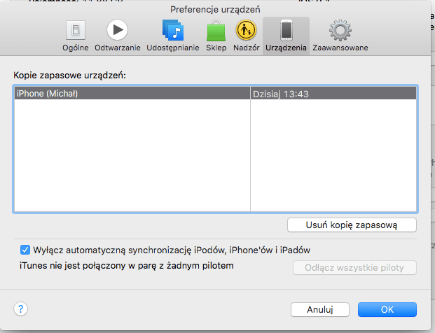 iTunes - preferencje urządzeń