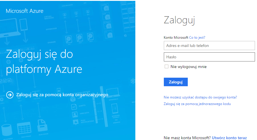 Ekran logowania platformy Microsoft Azure