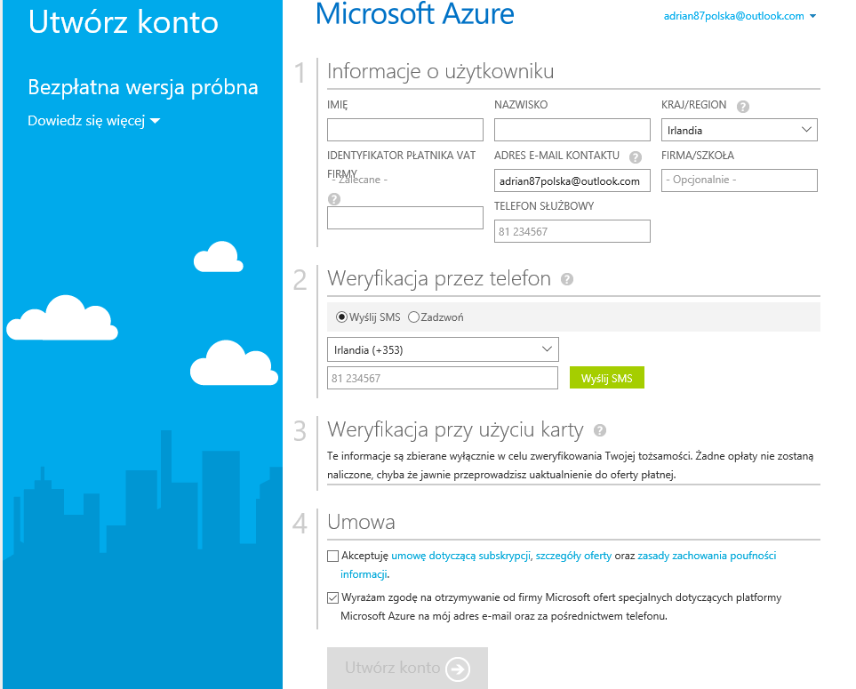 Ekran rejestracyjny Microsoft Azure