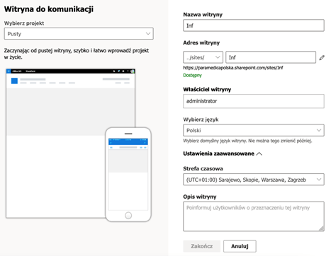 Tworzenie witryny w Sharepoint Online