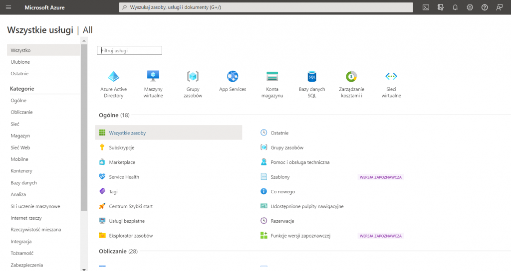 wszystkie usługi Microsoft Azure