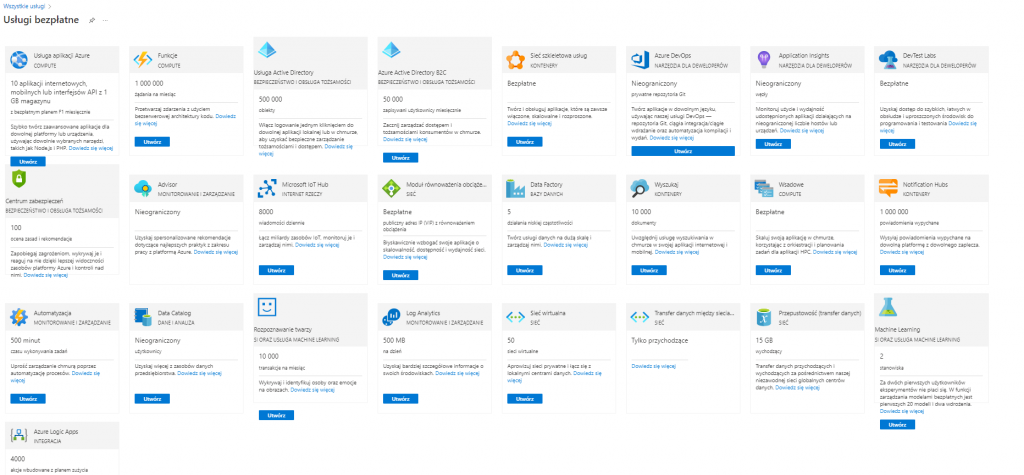 usługi bezpłątne microsoft Azure